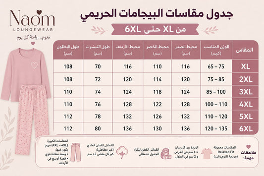 جدول مقاسات فساتين نعوم من XL حتى 6XL